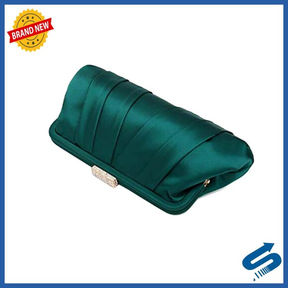 Satin Pleated Clutch with Diamante Embellishment, Detachable Chain Strap,